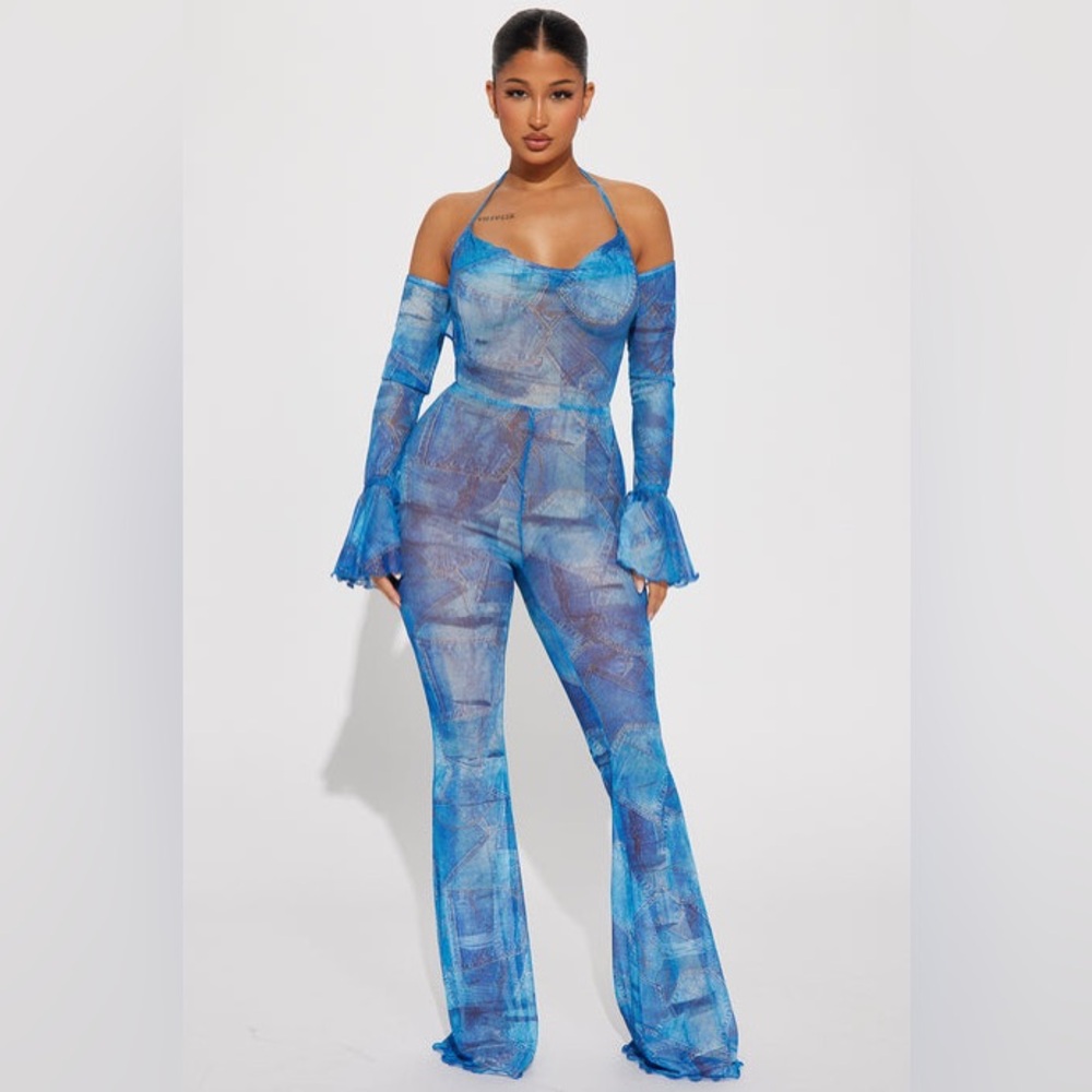 Fashion nova Bria mesh jumsuit blue/combo size xs
